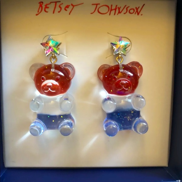 Betsey Johnson Acrylic Red, White & Blue Gummy Bear Drop Earrings NIB - Picture 4 of 9